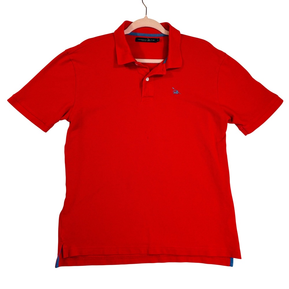 University Club Mens Red Pique Knit Short Sleeve Polo Shirt Large Logo Crest